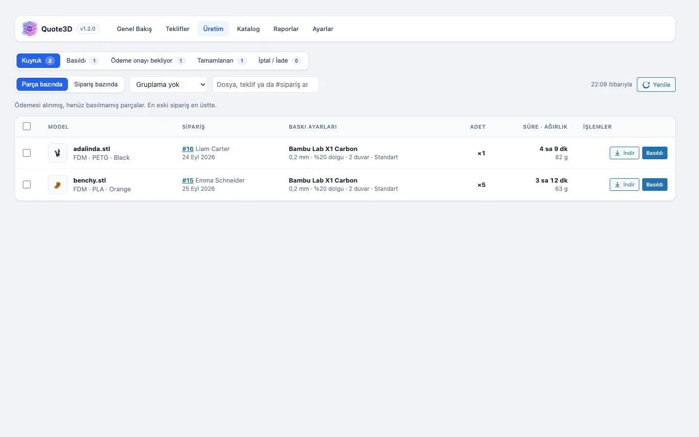 Magento'da baskı ayarları ve model indirme bağlantılarıyla üretim kuyruğu