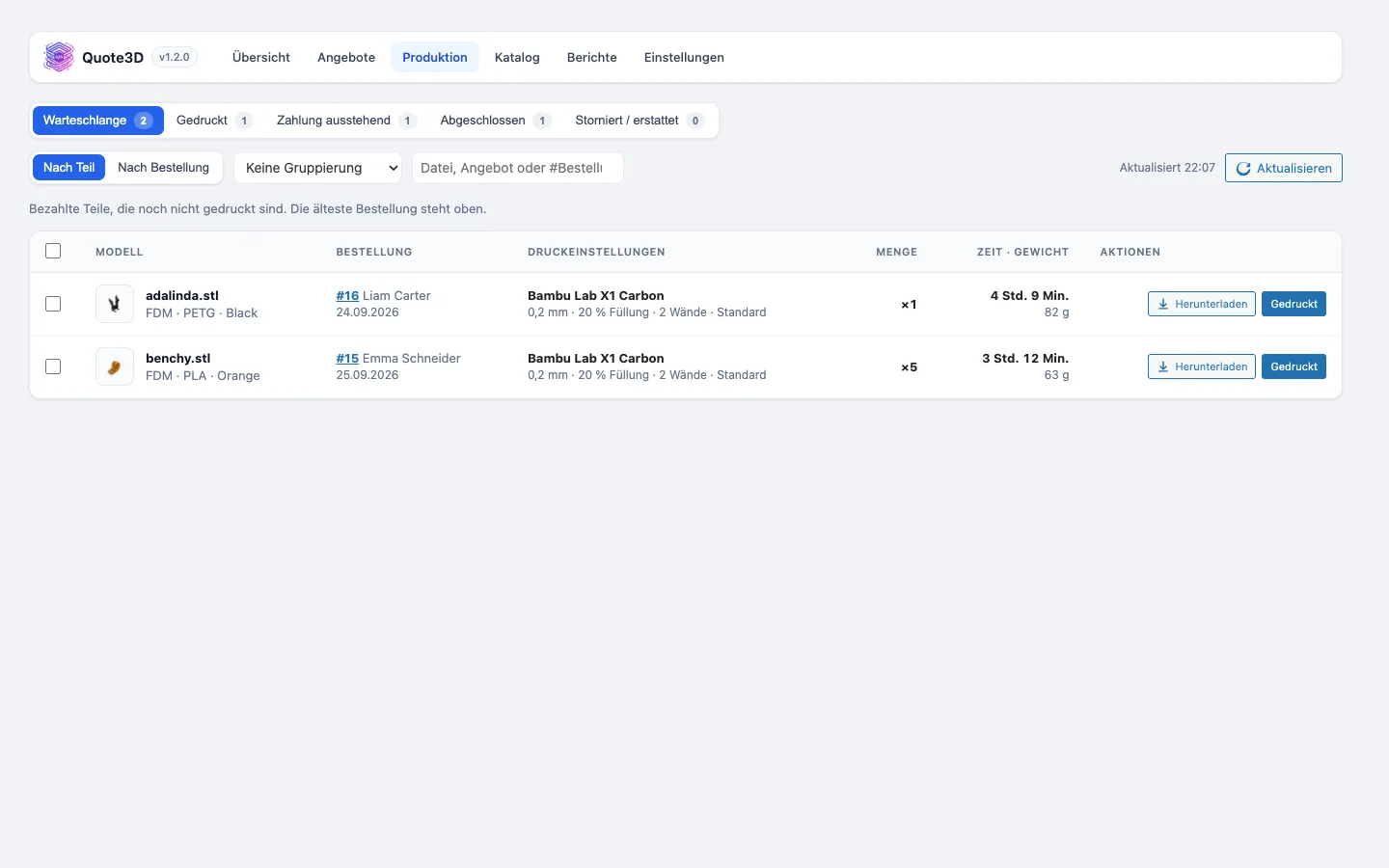 Produktionswarteschlange in OpenCart mit Druckeinstellungen und Modell-Downloads