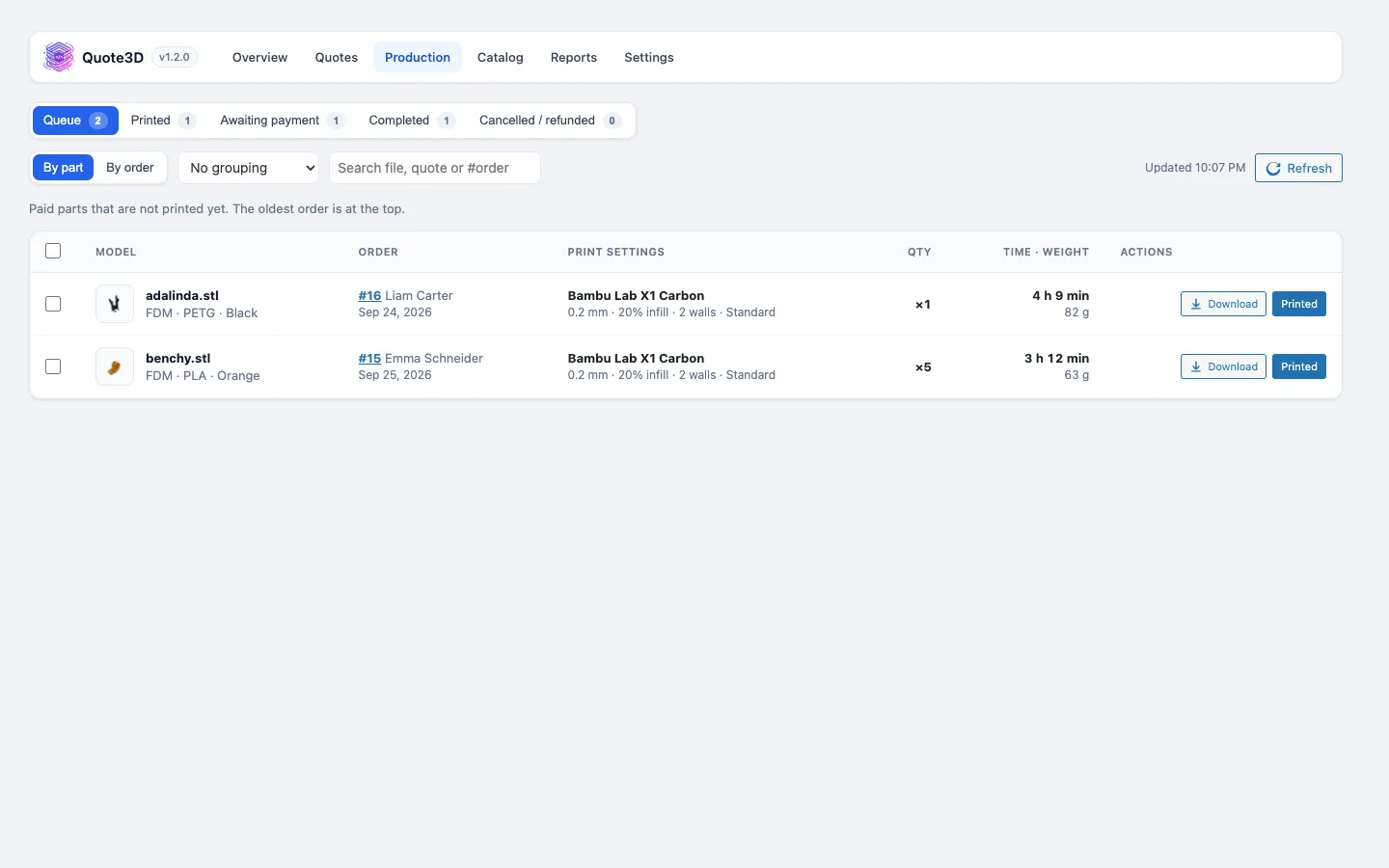 Production queue in OpenCart with print settings and model downloads