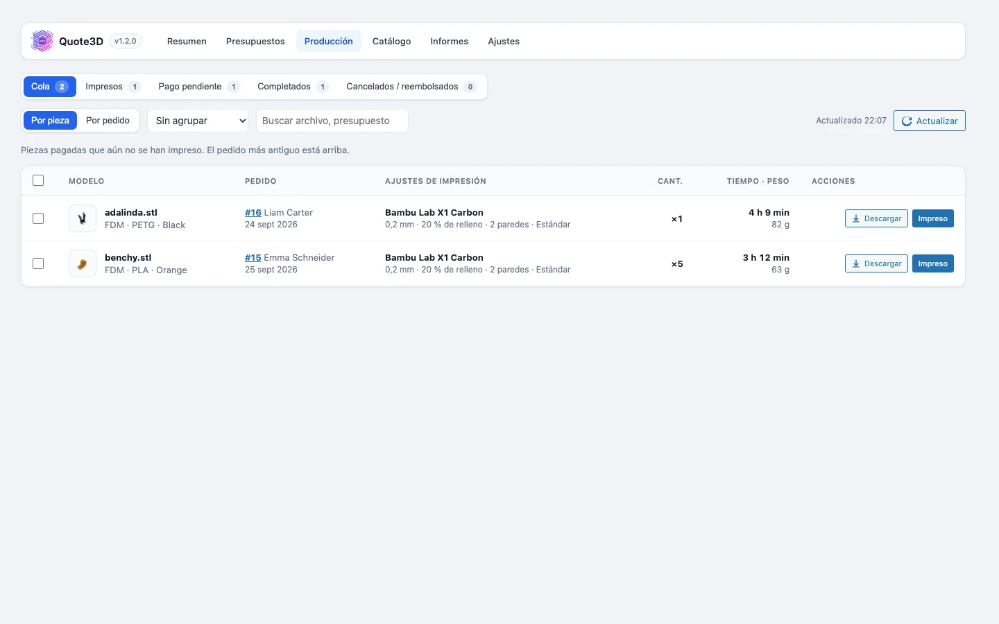 Cola de producción en OpenCart con ajustes de impresión y descarga de modelos