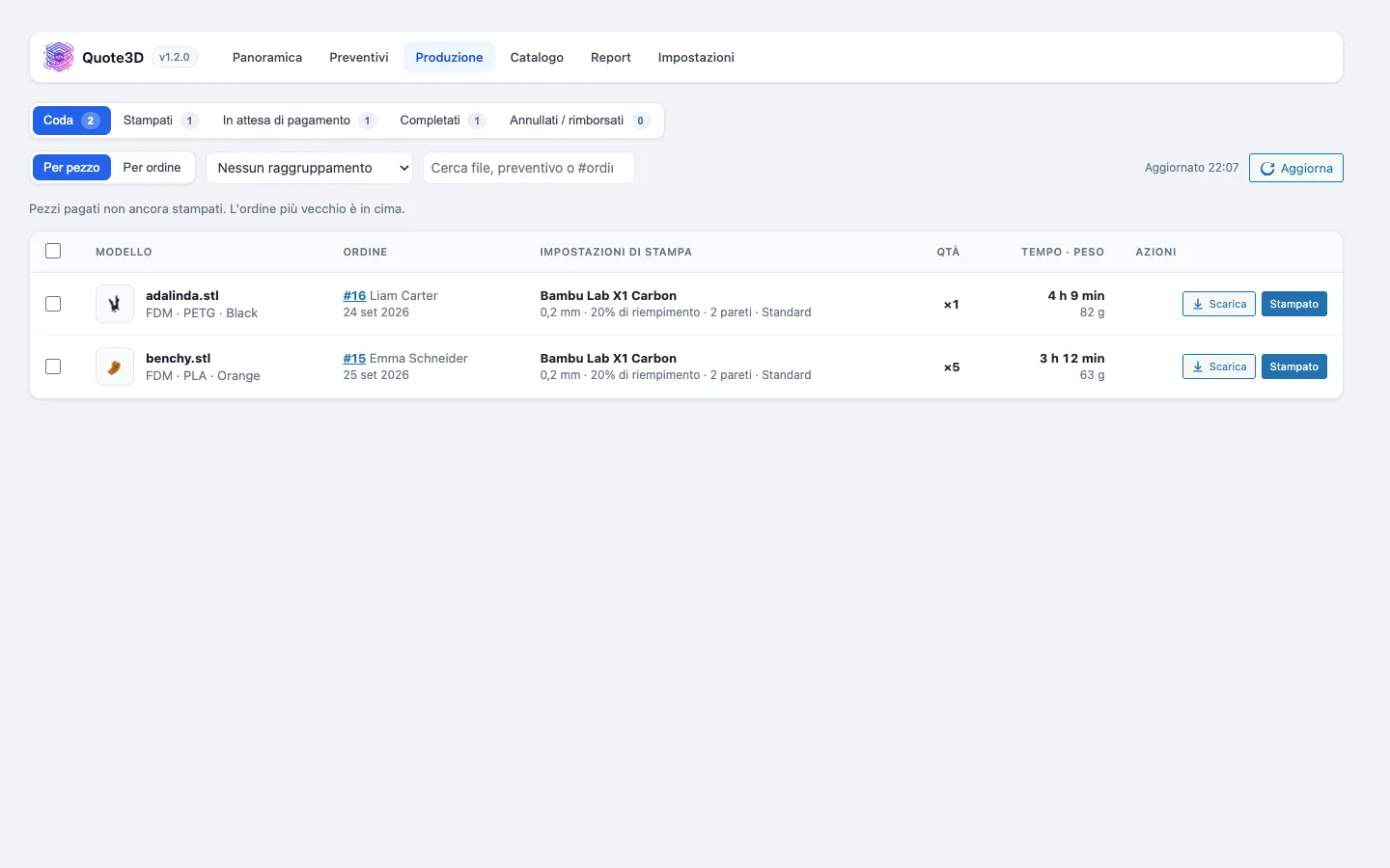 Coda di produzione in OpenCart con impostazioni di stampa e download dei modelli