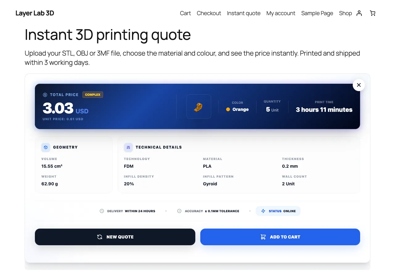 Sofortiger 3D-Druck-Preis mit Druckzeit und der Schaltfläche „In den Warenkorb“